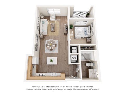 Floor plan for 1 bed, 1 bath, 698 sqft